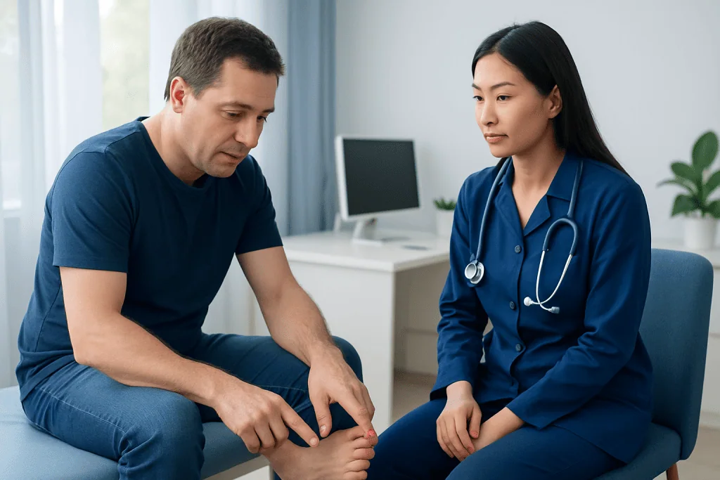 Doctor examining patient's foot for toe pain at a medical clinic.