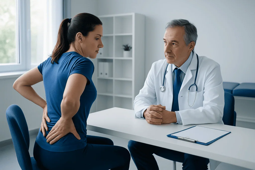 Doctor consulting with a woman patient about back pain in a medical office.
