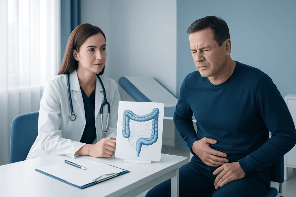Doctor explaining colon health to patient with colon diagram model.