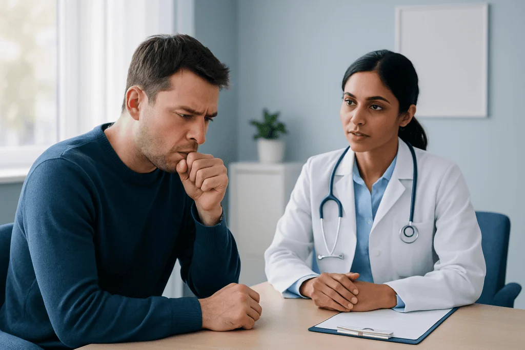 Patient consulting with a doctor about health concerns in a medical office.