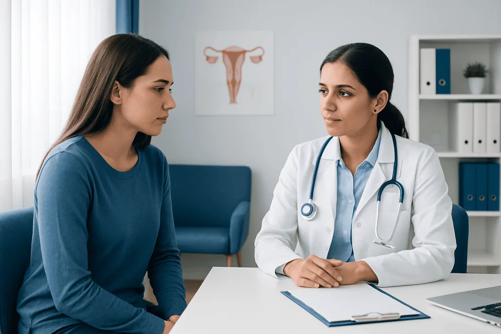Doctor consulting patient about menstrual health and discharge causes.