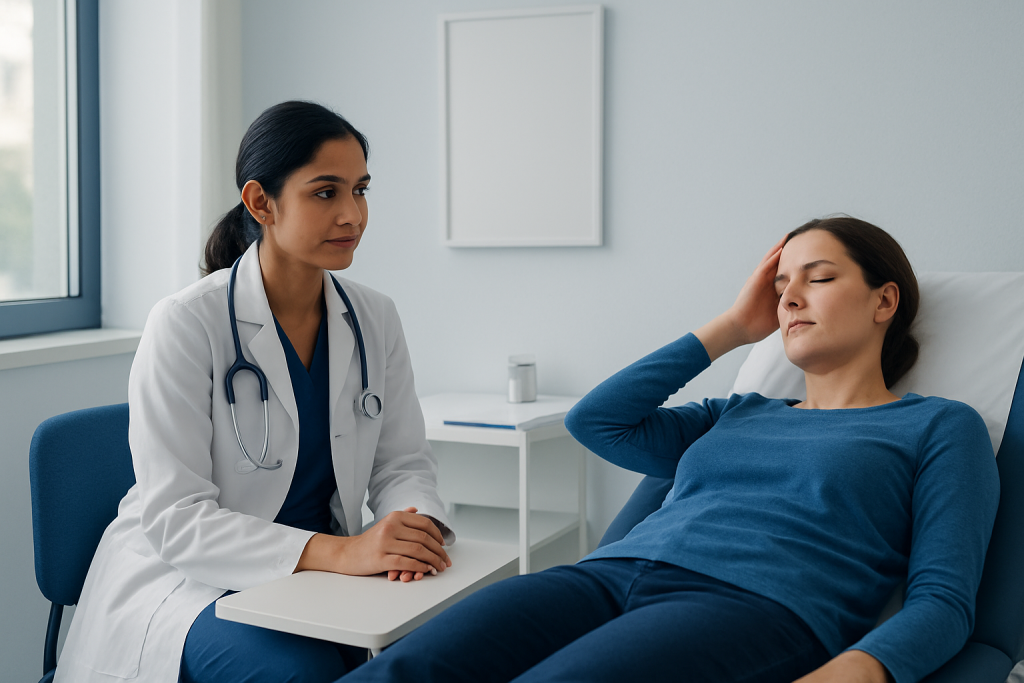 Doctor consulting with patient experiencing dizziness in a clinical setting.