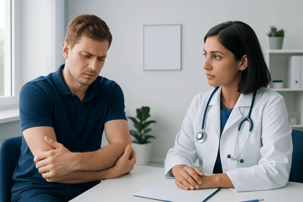 Doctor consulting with a patient about elbow pain in a clinical setting.