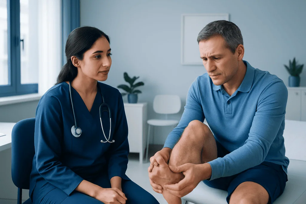 Doctor examining a patient's ankle in a clinical setting.