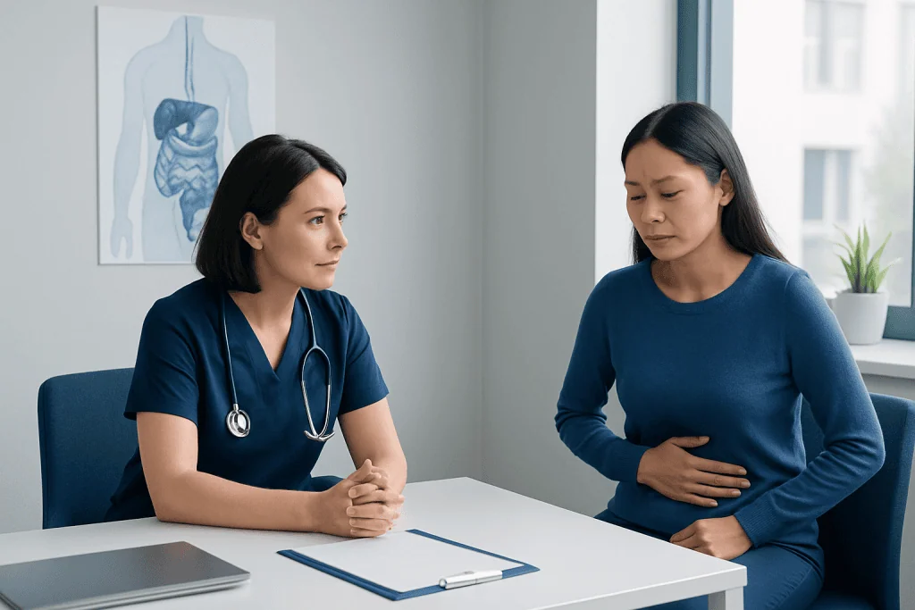 Doctor consulting with patient about stomach pain and digestive issues.