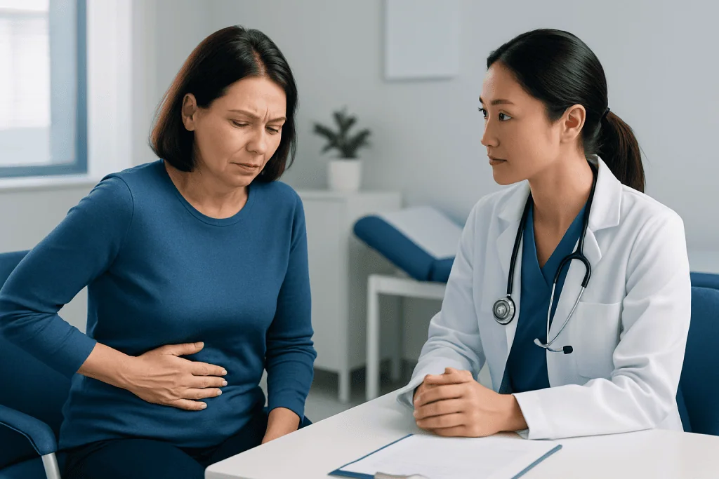 Doctor consulting with a woman patient about abdominal pain.