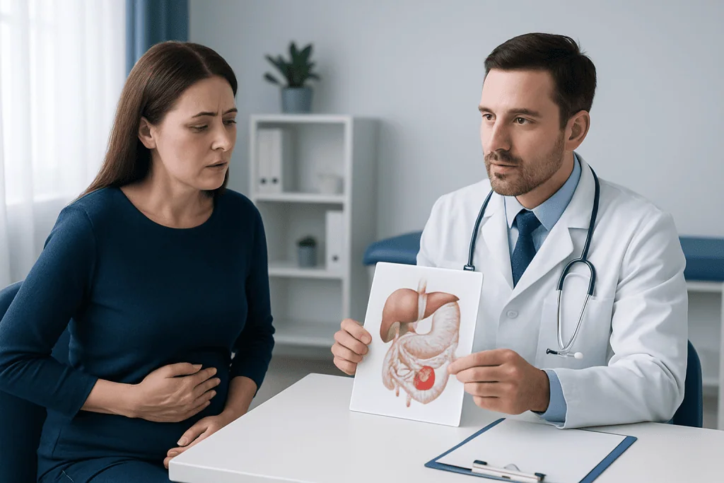 Doctor explaining gallbladder issues to a patient with a stomach diagram.