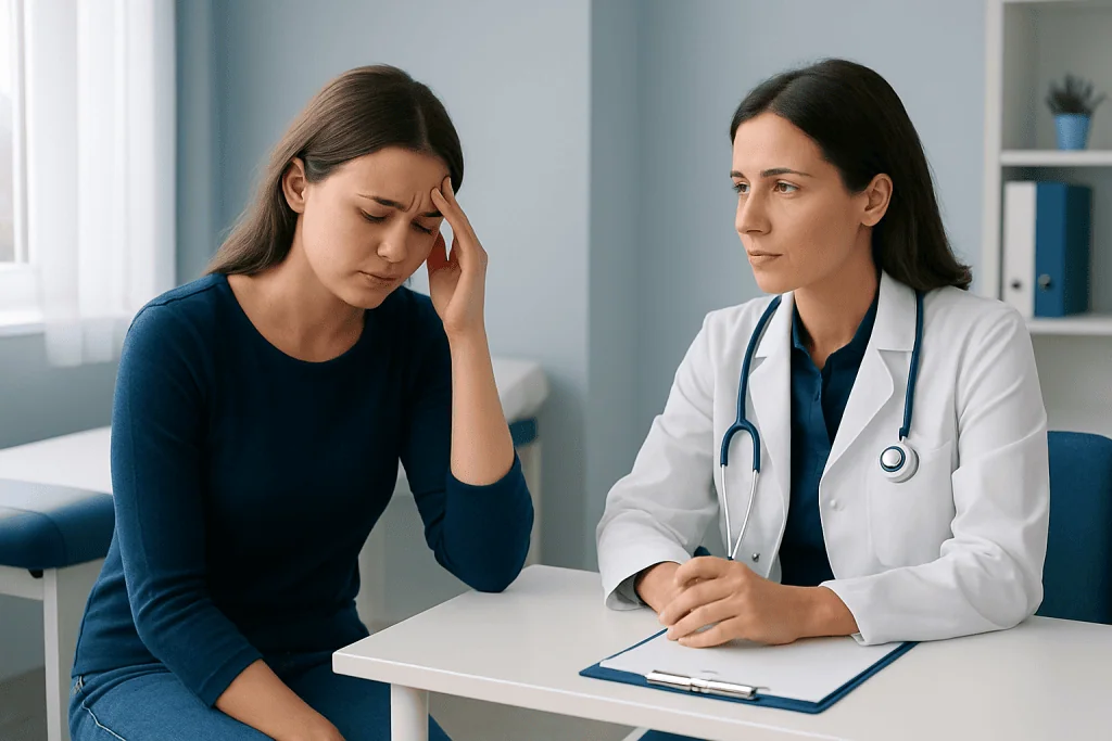 Woman with headache consulting a doctor in a medical office.