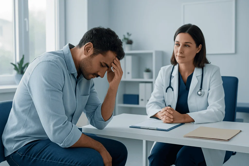 Patient experiencing headache during consultation with doctor in clinic.