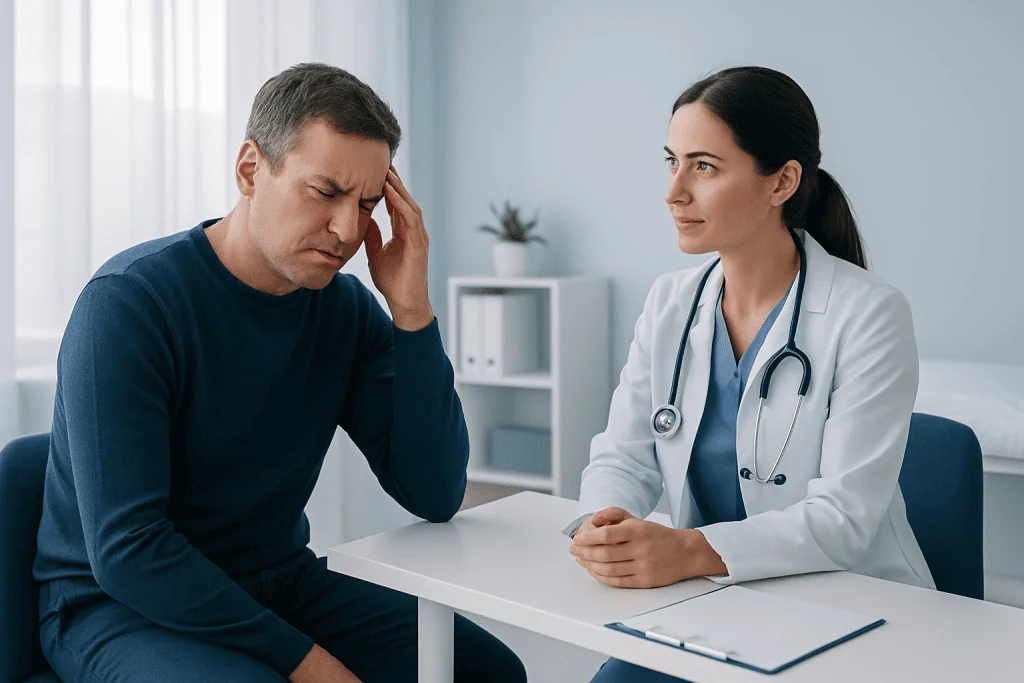 Doctor consulting with patient experiencing headache in a clinical setting.