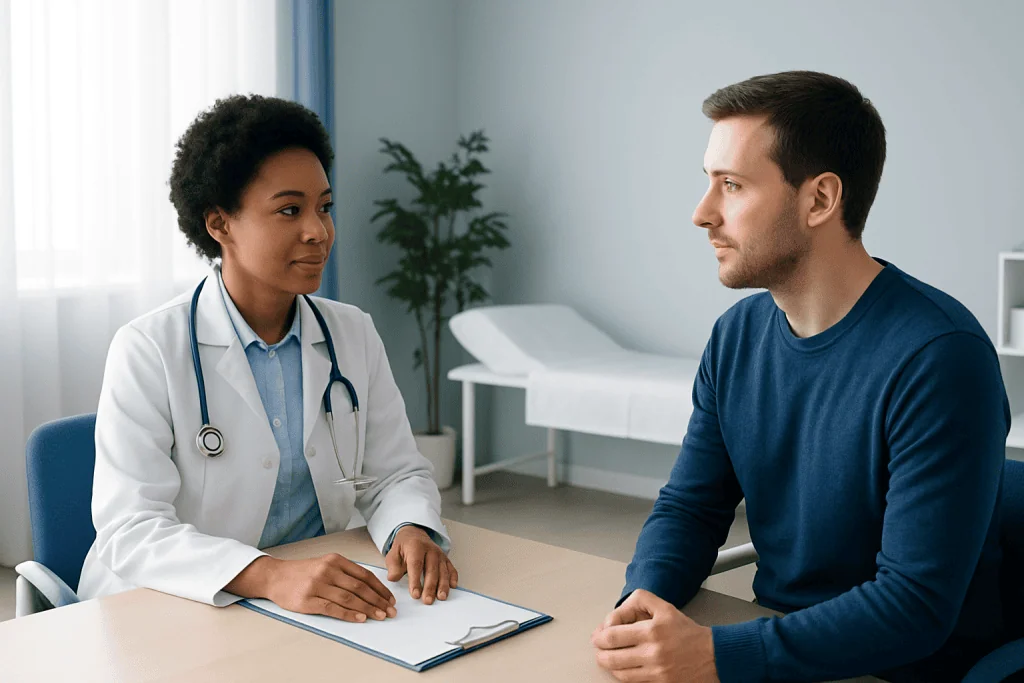 Doctor consulting with a patient in a medical office setting.