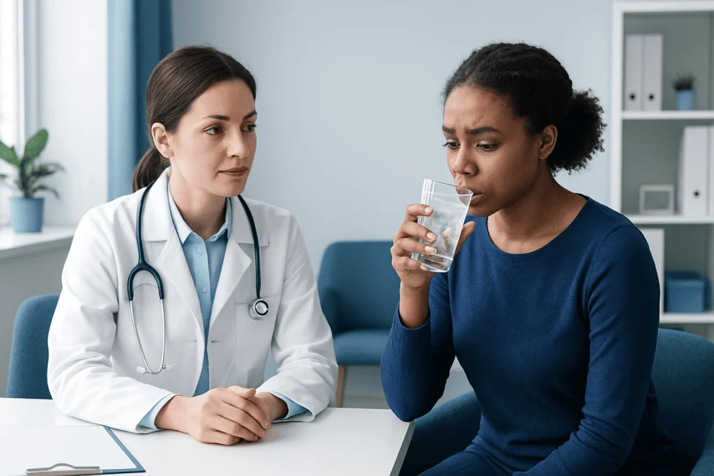 Doctor consulting with patient about health concerns in a clinic setting.