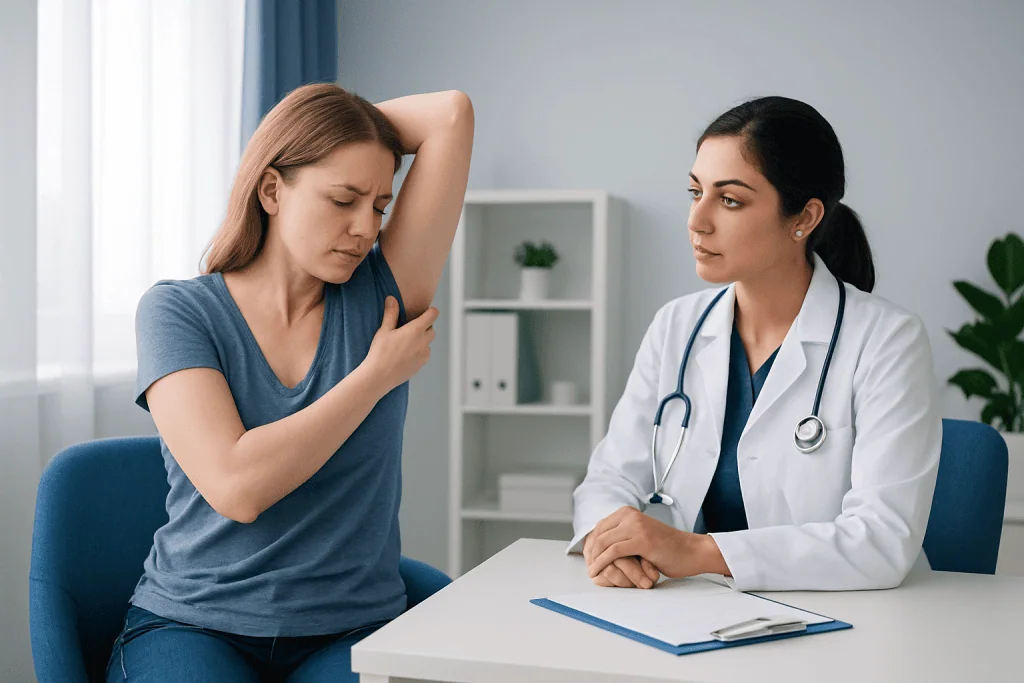 Woman consulting doctor about underarm itching and discomfort.