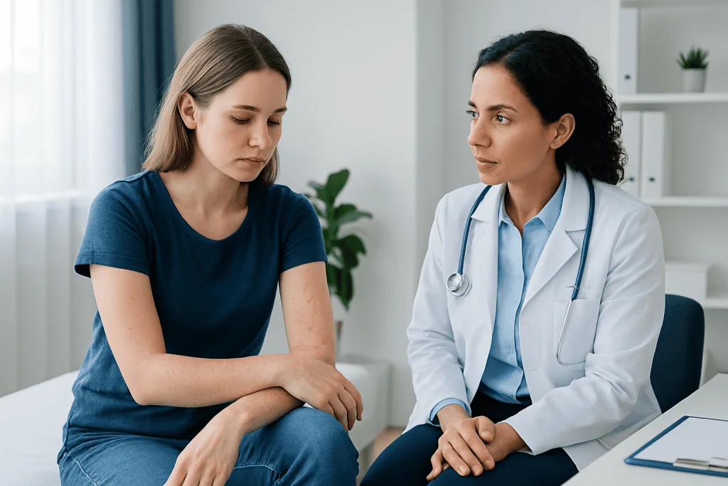 Doctor consulting with a young woman about skin issues in a medical office.