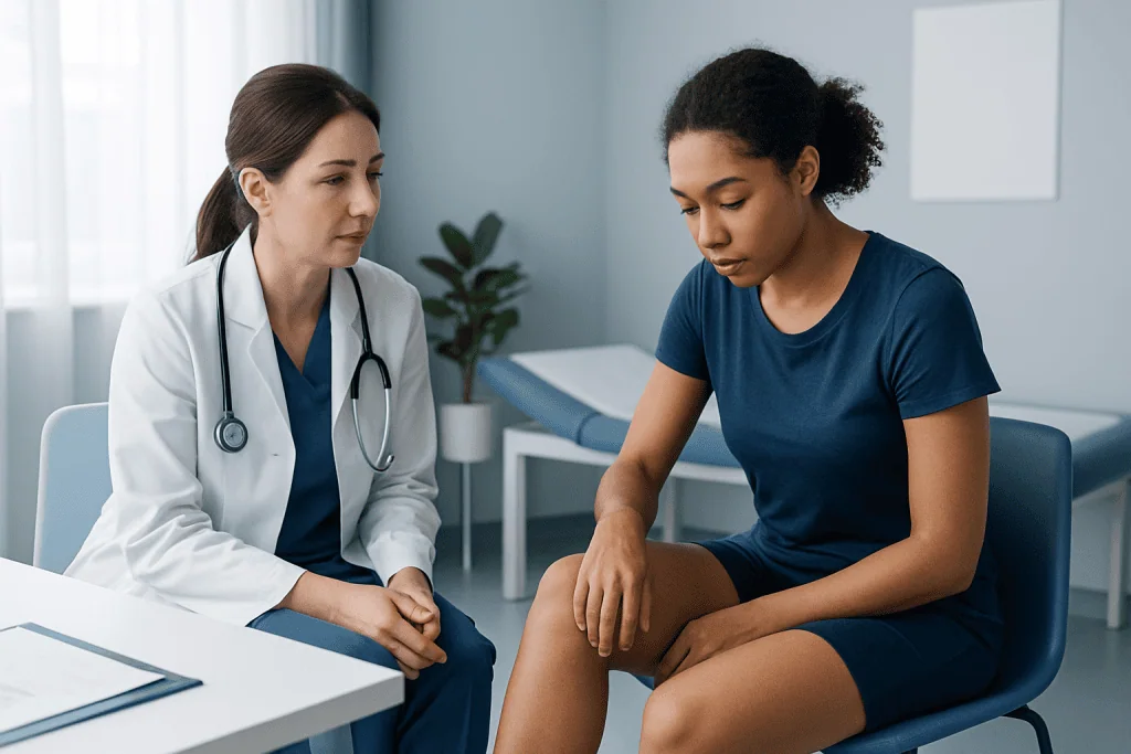 Doctor consulting with a patient about skin issues on her leg.