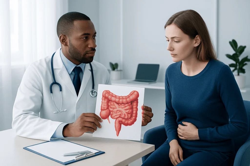 Doctor explaining inflamed large intestines to patient with diagram.