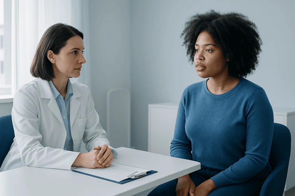 Medical consultation between doctor and patient in a clinical setting.