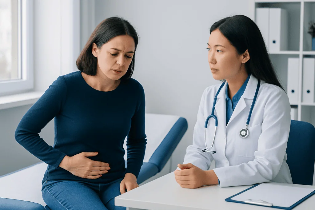 Doctor consulting with a woman experiencing abdominal pain in a clinic setting.