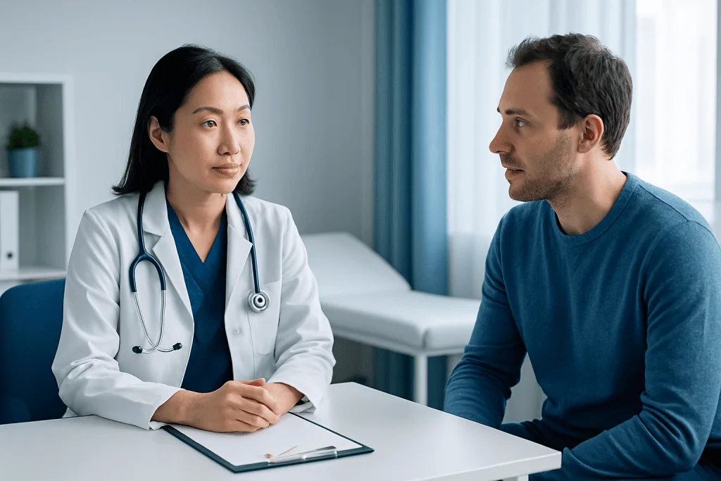 Doctor consulting with a male patient in a medical office setting.