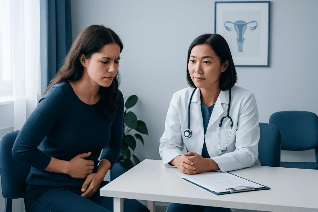 Doctor consulting a woman with abdominal pain in a clinic setting.