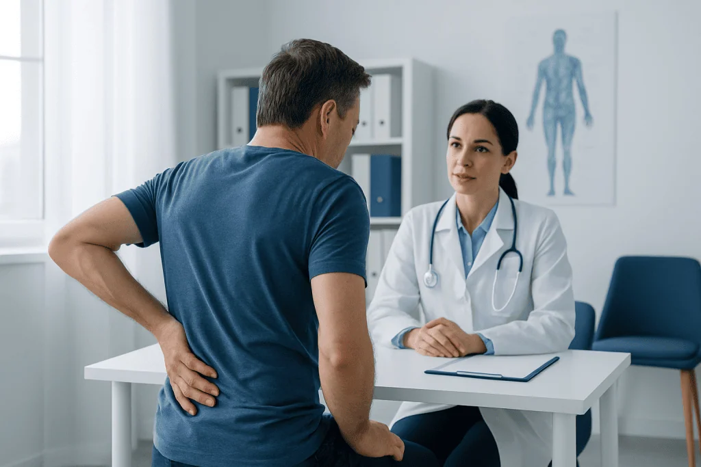 Doctor consulting with a patient about back pain in a medical office.
