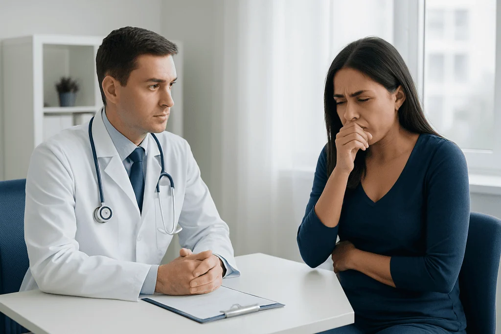 Doctor consulting with a woman patient about nausea symptoms.