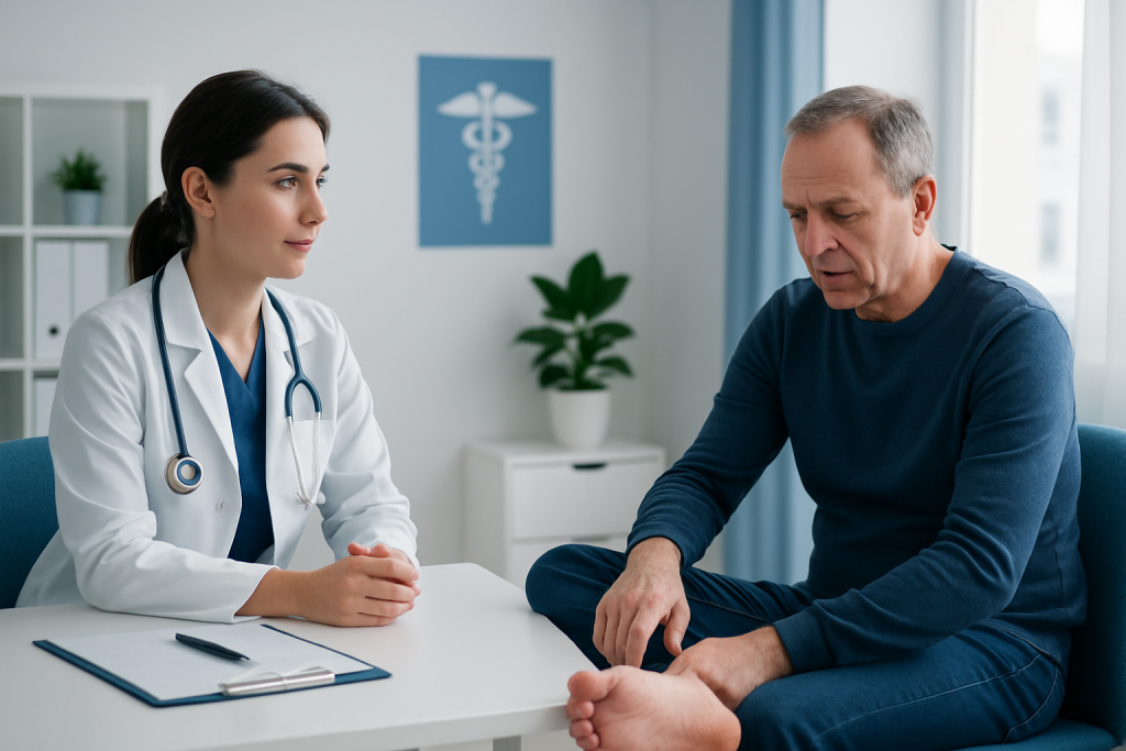 Doctor consulting with patient about foot pain in a medical office.