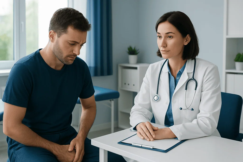 Doctor consulting male patient about testicular health in clinic.
