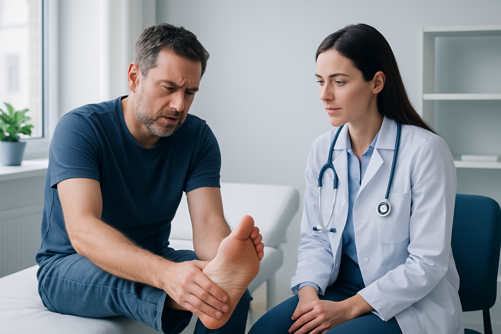 Doctor examining patient's ankle for Achilles heel pain.