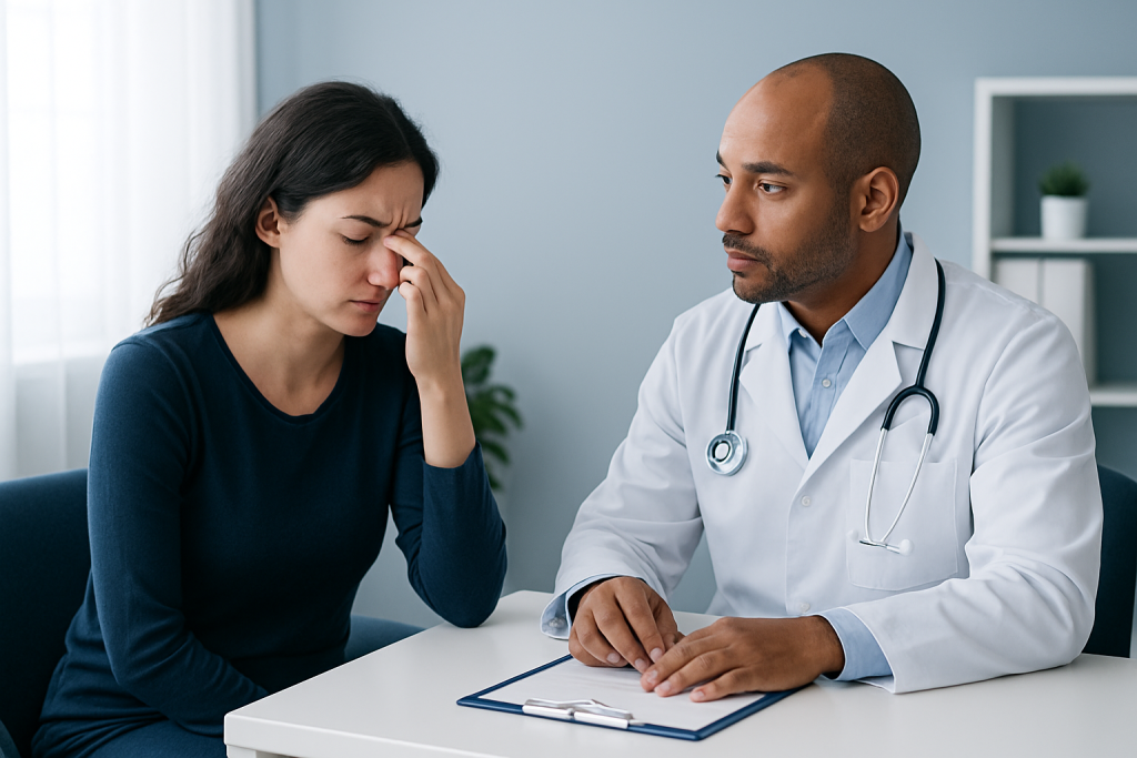 Patient experiencing nose pain consulting with doctor in clinic.