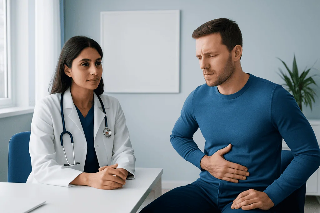 Doctor consulting with patient experiencing stomach pain under left rib cage.