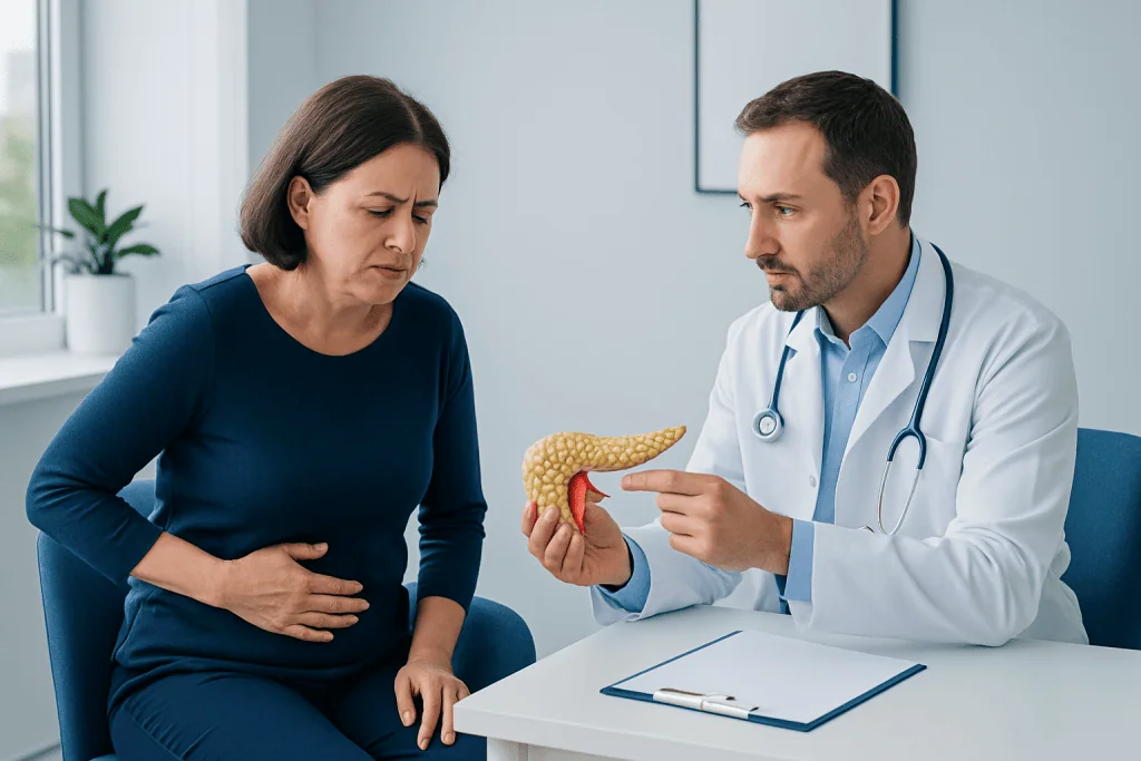 Doctor explaining pancreas to woman patient in consultation room.