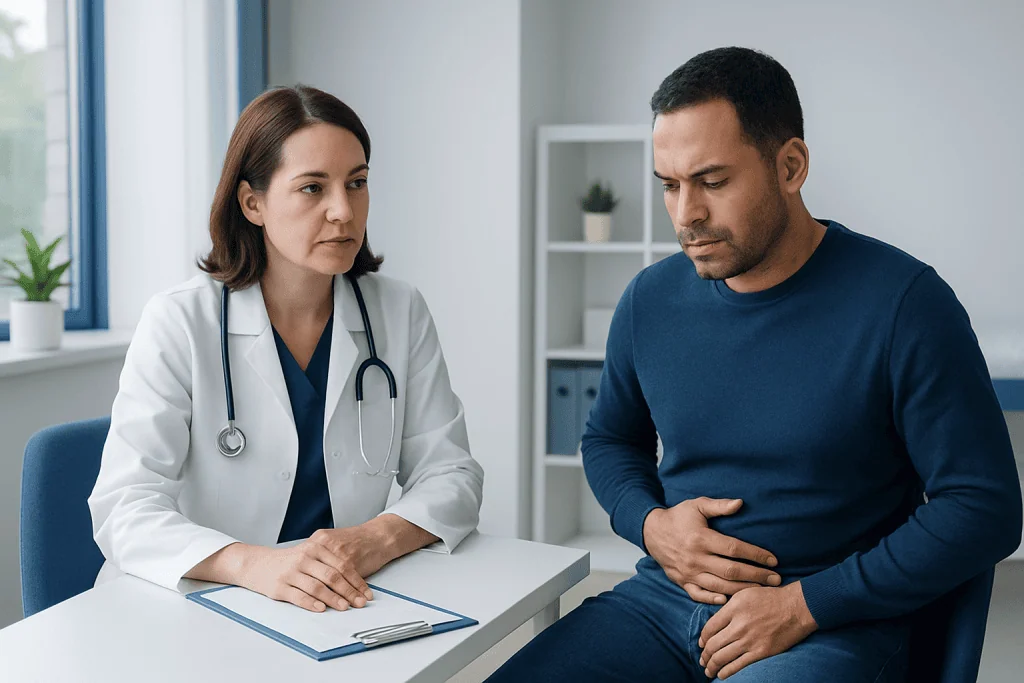 Doctor consulting with patient about abdominal pain in clinic setting.