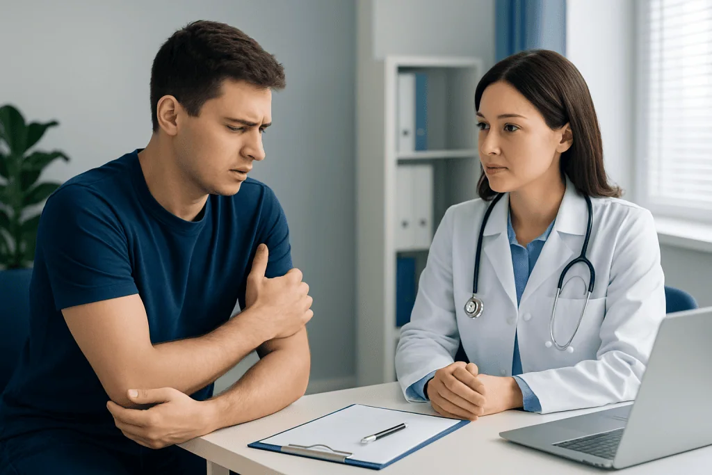 Patient experiencing arm pain during consultation with doctor.