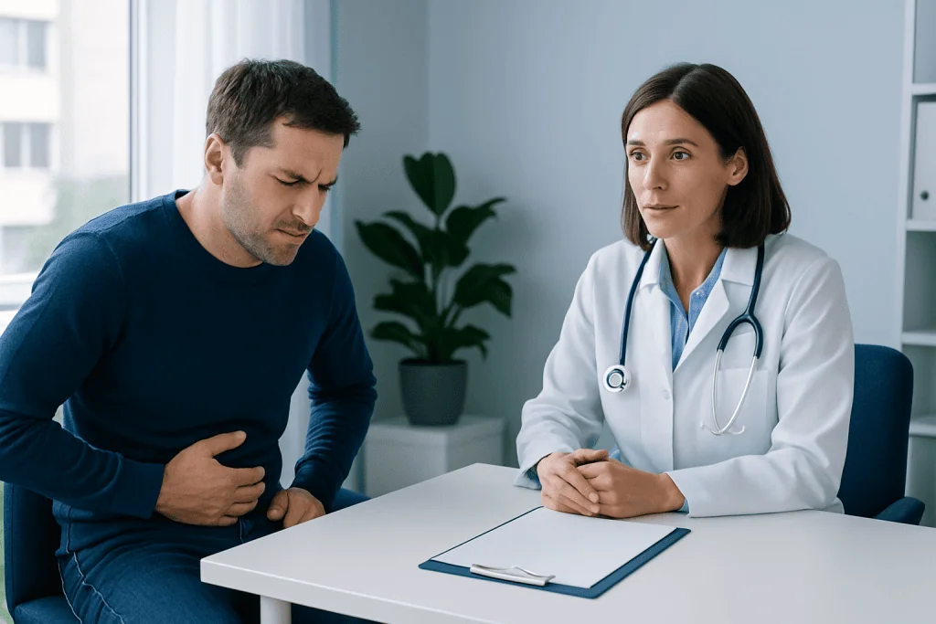 Doctor consulting with patient about somatic pain causes in a modern clinic.