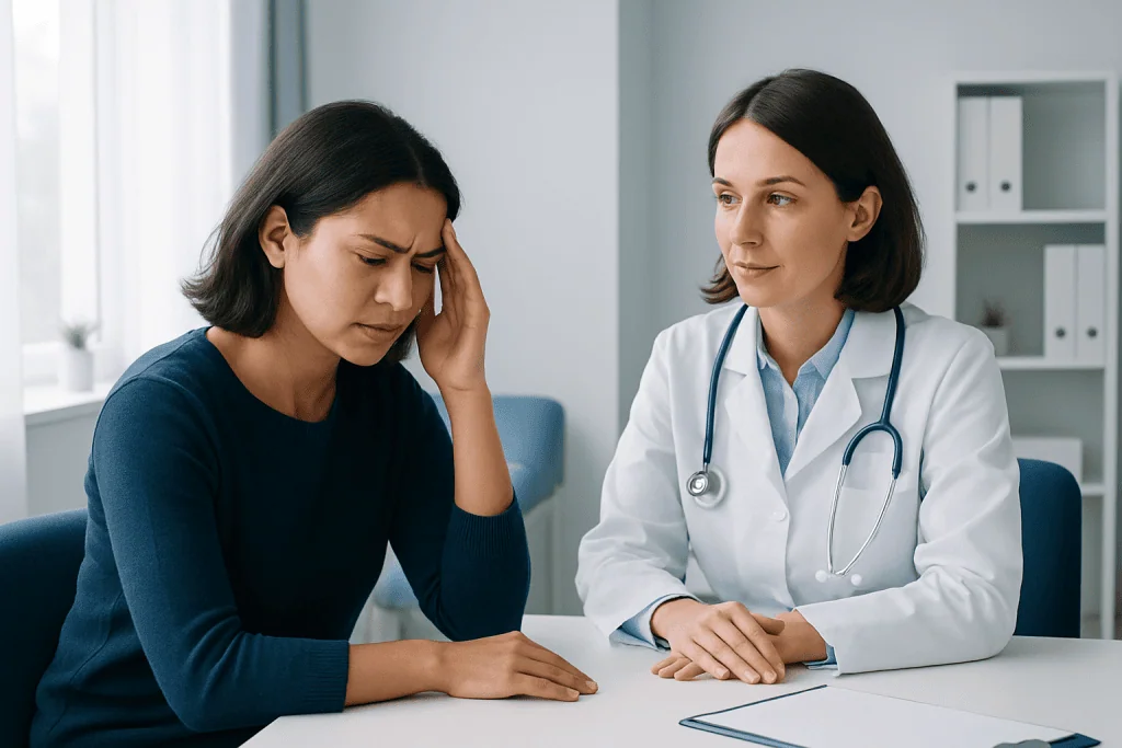 Woman with headache consulting a doctor in a medical office.