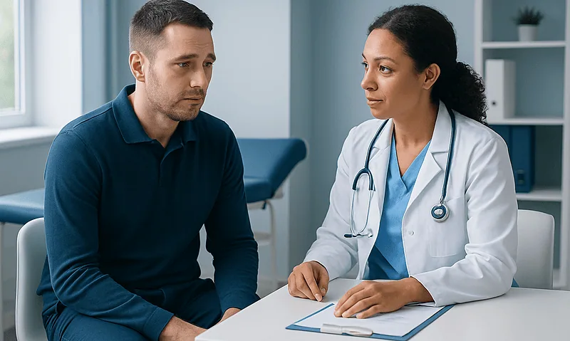 Doctor consulting with male patient in a medical office setting.