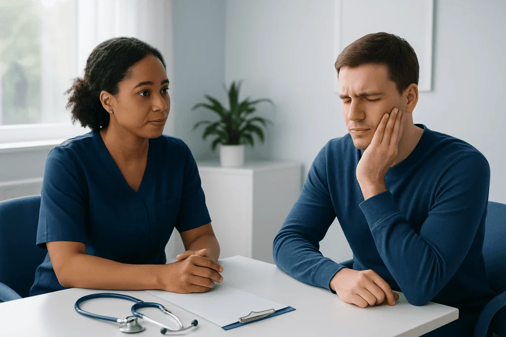 Patient consulting with a healthcare professional about tooth pain.