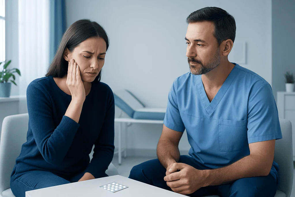 Patient experiencing tooth pain during consultation with healthcare professional.