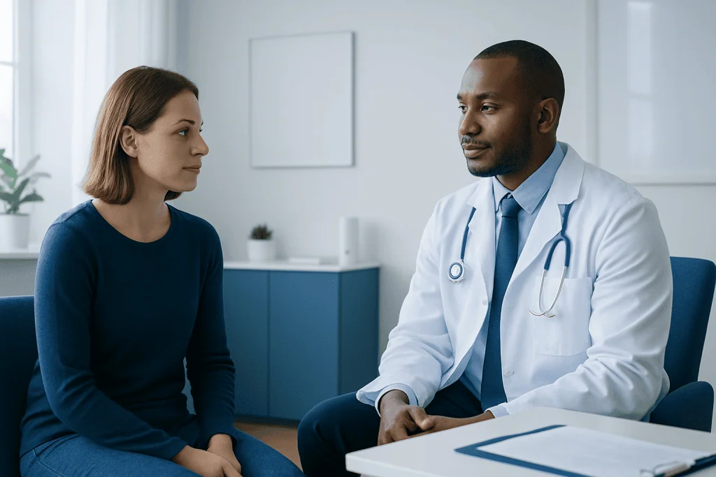 Doctor consulting with a female patient in a modern clinic setting.