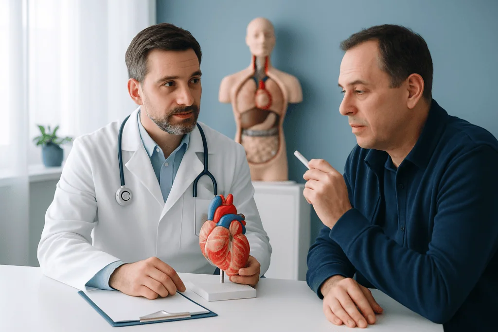 Doctor explaining heart health to patient with anatomical model in clinic.