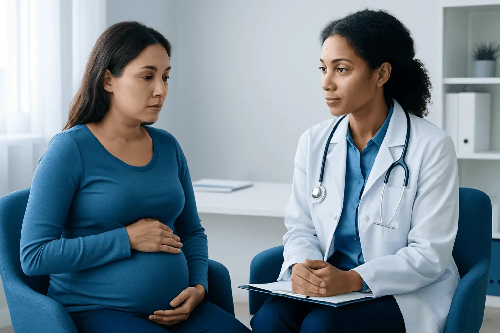 Pregnant woman consulting with a doctor in a medical office.