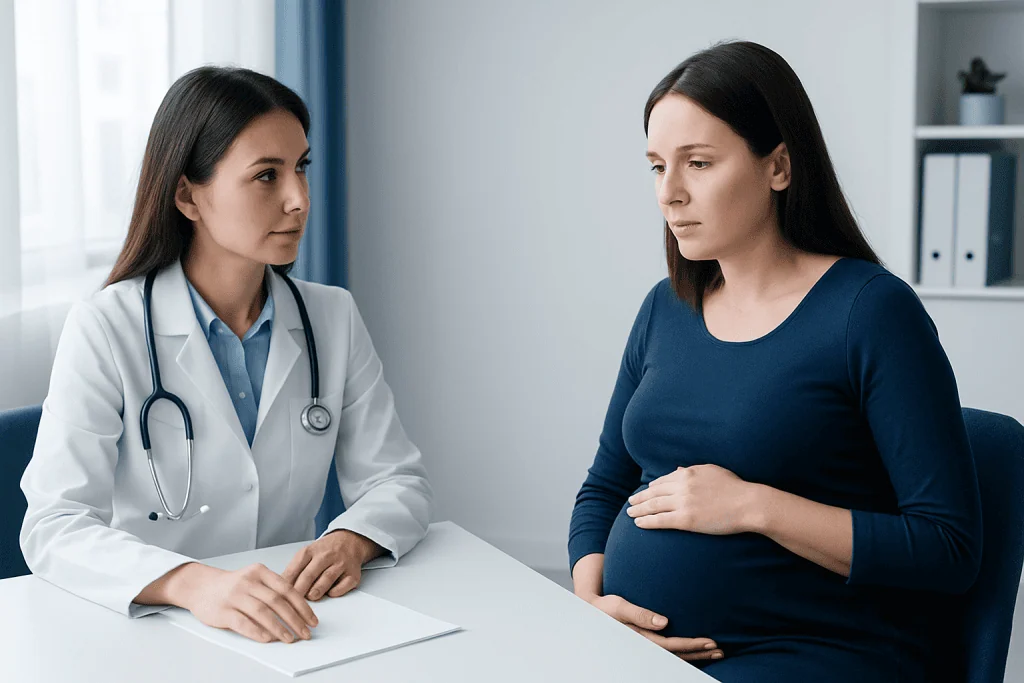 Doctor consulting pregnant woman in a medical office.
