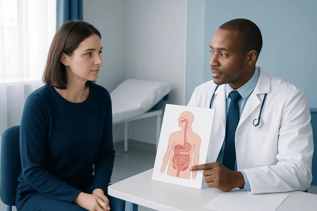 Doctor explaining digestive system to female patient in clinic.