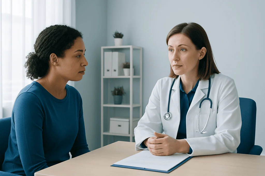 Doctor consulting with a patient in a medical office setting.