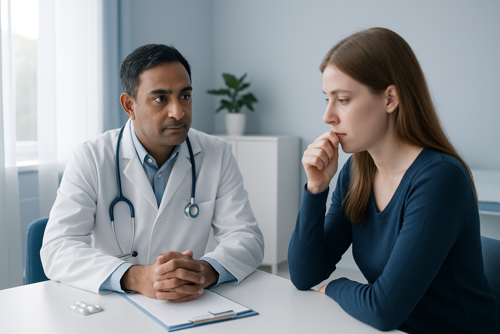 Doctor consulting with a young woman in a medical office setting.