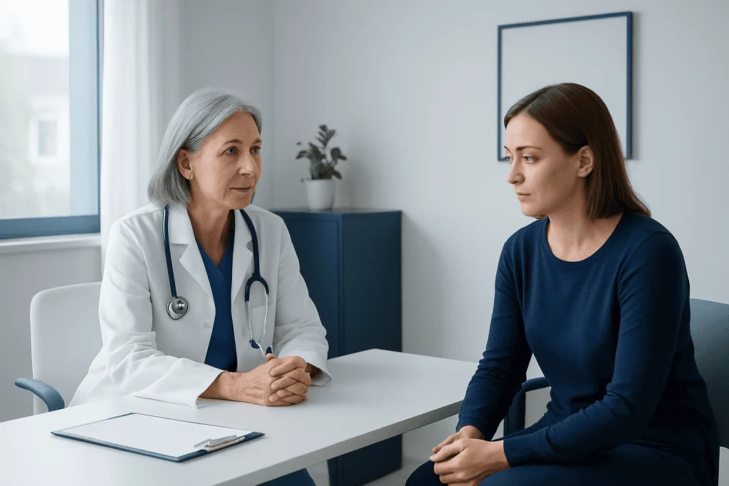 Doctor consulting with a patient in a modern medical office.