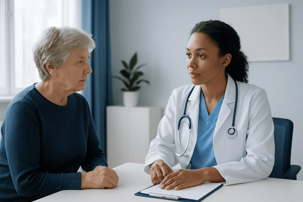 Doctor consulting with an elderly female patient in a medical office.