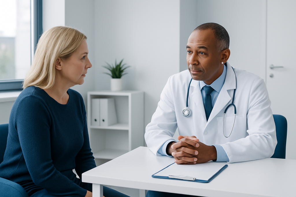 Doctor consulting with a female patient in a modern clinic setting.