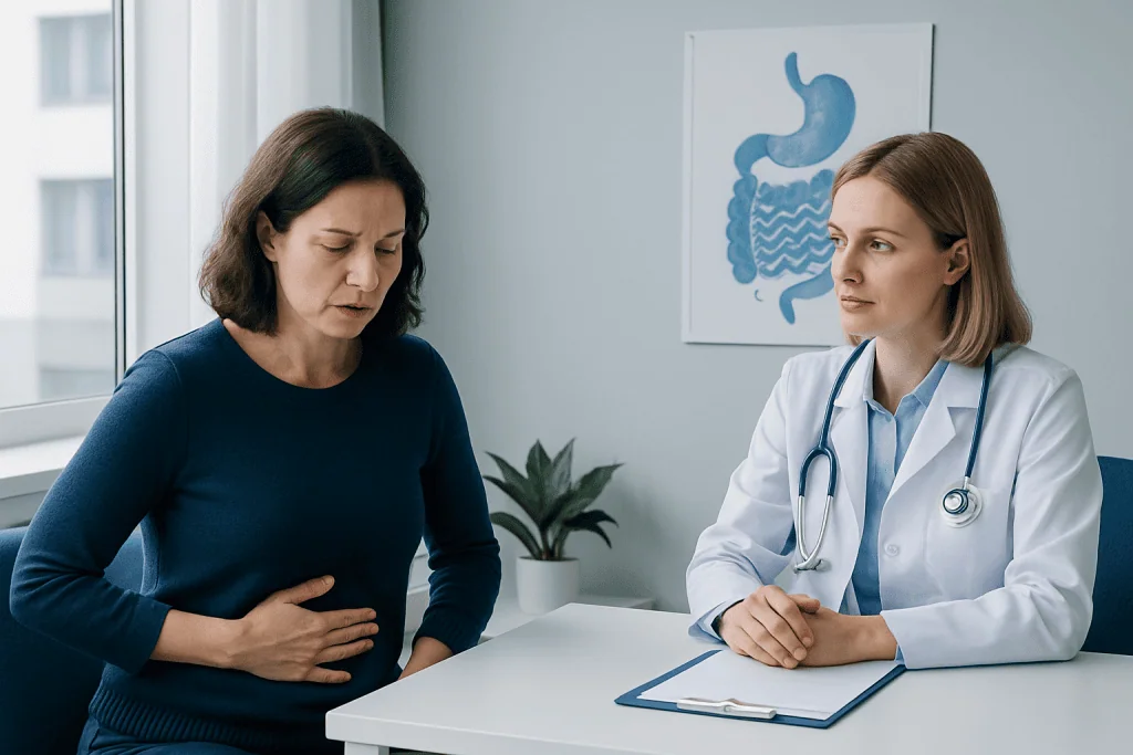 Doctor consulting with a woman patient about stomach health.